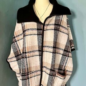 Preloved, like new condition, Tahari Plaid Zip-Up Poncho with Black Collar